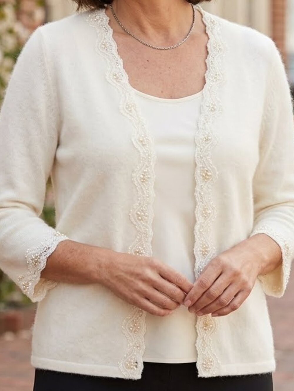 Reitmans Women's White Angora Blend Cardigan Lace Sequins Luxury Classic Soft